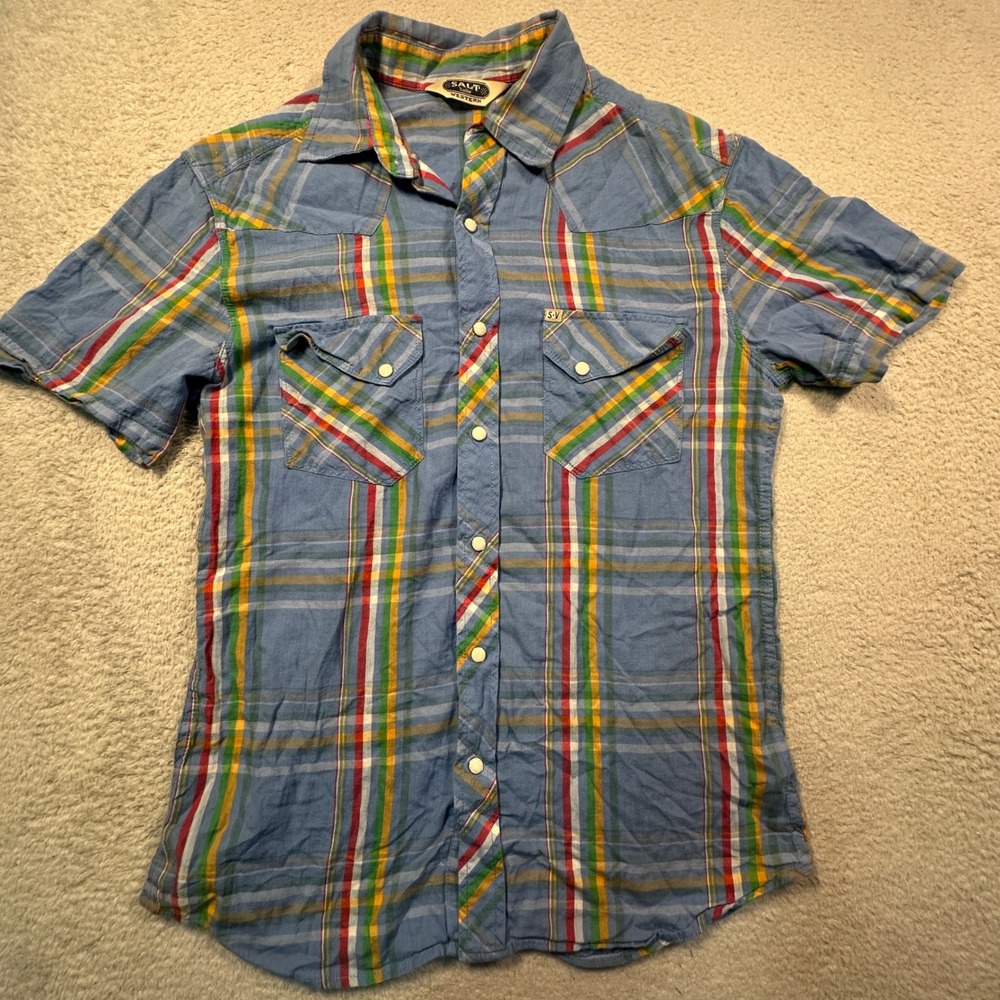 Salt Valley Western Shirt Mens Small Blue Rainbow Plaid Pearl Snap Short Sleeve